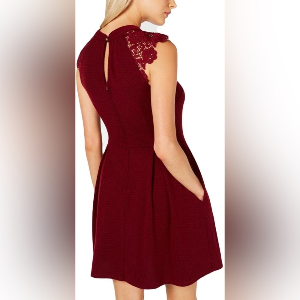 Wine-Coloured Lace Capped Sleeve Mini Dress